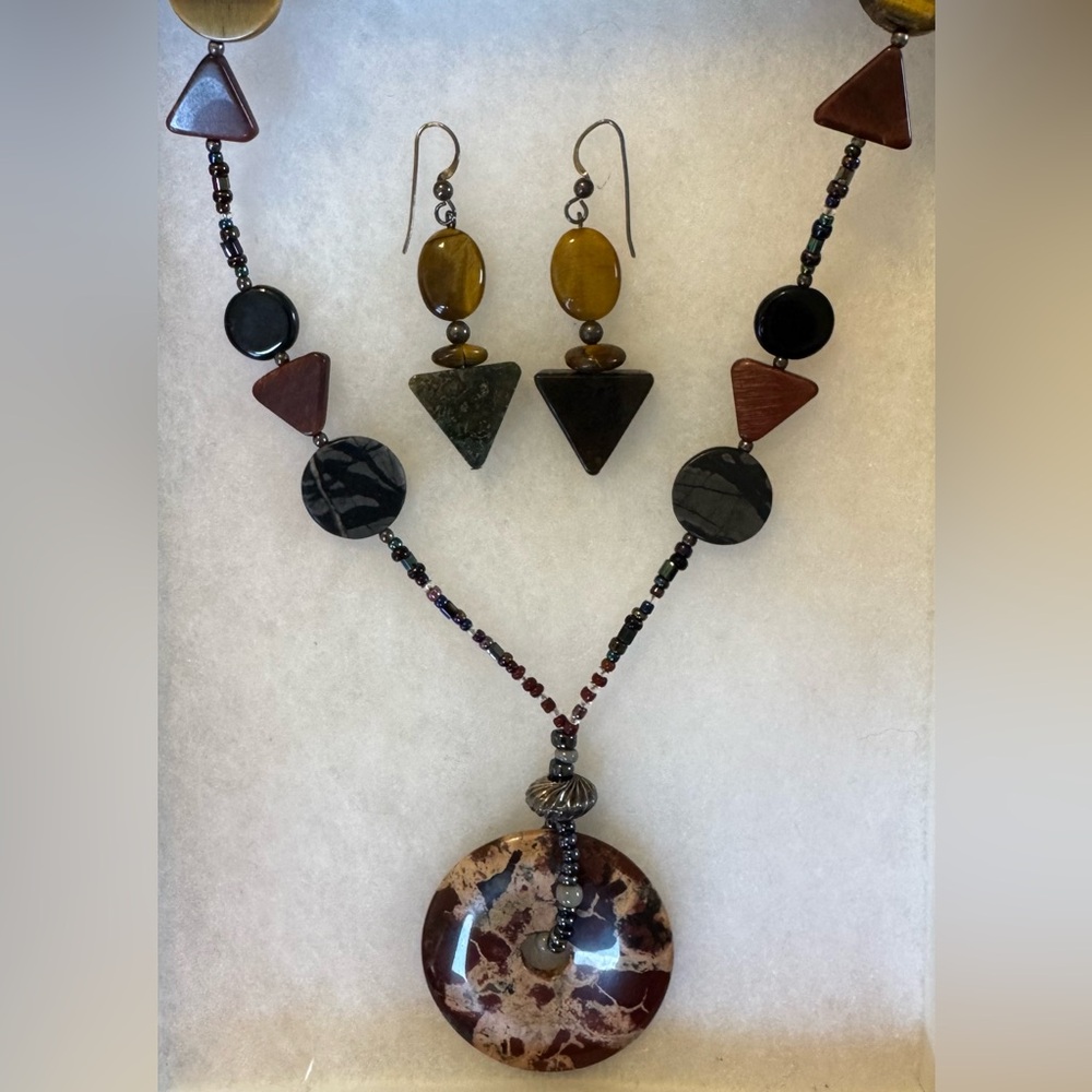 Handcrafted Vintage Beaded Necklace and Earring Set, Natural Stone & Sterling - Picture 6 of 6
